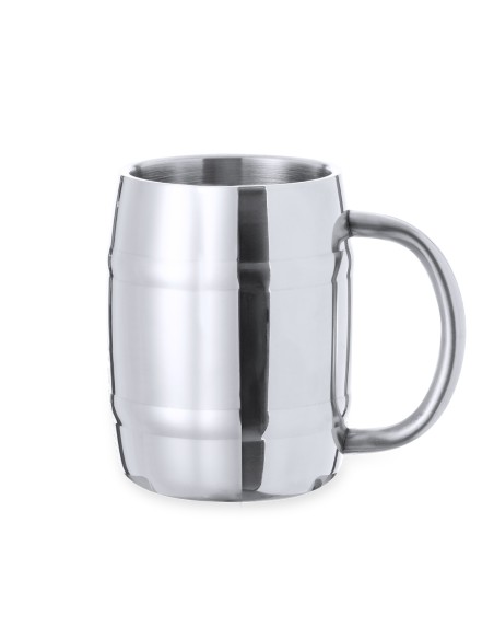 Jarra de acero inox con forma de barril personalizada, vista completa con asa