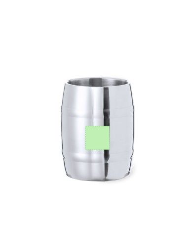 Jarra de acero inox con forma de barril personalizada, con zona de impresión marcada