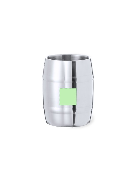 Jarra de acero inox con forma de barril personalizada, con zona de impresión marcada