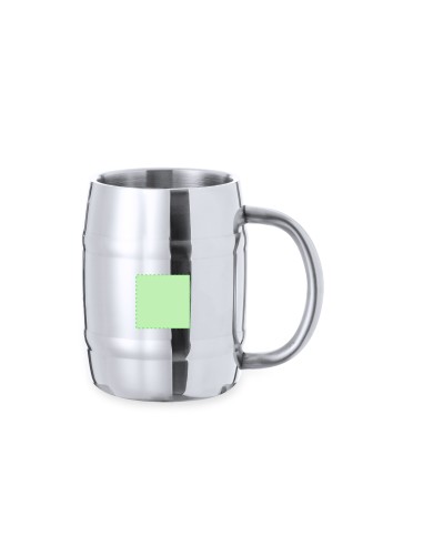 Jarra de acero inox con forma de barril personalizada, zona de impresión marcada, otra vista
