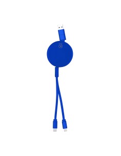 Cable cargador extensible de aluminio reciclado personalizado en color azul, extendido