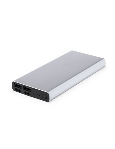 Power bank de aluminio de 10000 mAh para 3 dispositivos personalizado en color plateado, vista completa