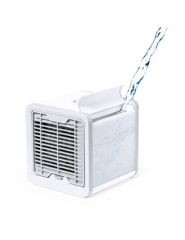 Mini aire acondicionado portátil con depósito de hielo personalizado, con agua vertiéndose