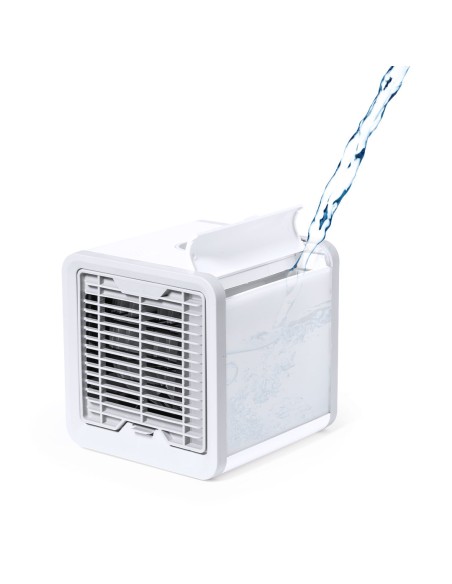 Mini aire acondicionado portátil con depósito de hielo personalizado, con agua vertiéndose