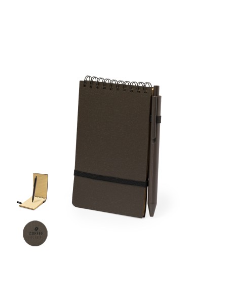 Set de libreta y bolígrafo de fibra de café personalizado, vista completa con el bolígrafo