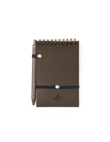 Set de libreta y bolígrafo de fibra de café personalizado, vista de perfil