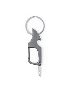 Llavero abridor con cuchillo metálico personalizado, vista frontal