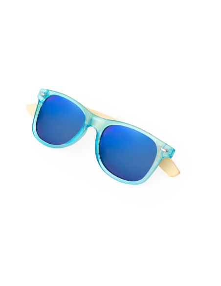 Gafas de sol personalizadas de bambú UV400 en color turquesa, otro ángulo