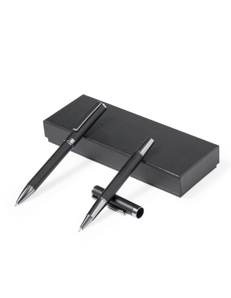 Set de bolígrafo y roller en metal personalizado, con el estuche de tela gris