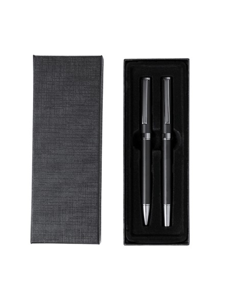 Set de bolígrafo y roller en metal personalizado, vista completa con el estuche
