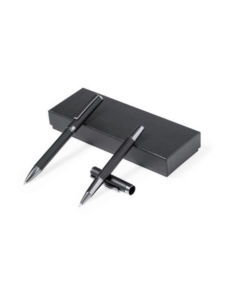 Set de bolígrafo y roller en metal personalizado, con el estuche negro