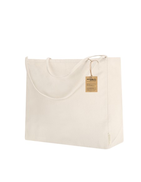 Bolsa personalizada de algodón reciclado en color crudo, con asas de cuerda y etiqueta