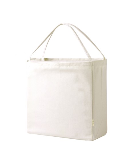 Bolsa personalizada de algodón reciclado en color crudo, vista del fuelle abierto