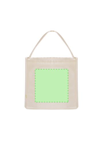 Bolsa personalizada de algodón reciclado en color crudo, otra vista con zona de impresión marcada