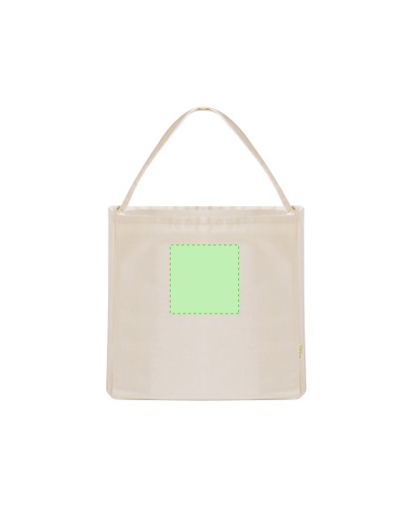 Bolsa personalizada de algodón reciclado en color crudo, otro ángulo con zona de impresión marcada