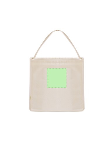 Bolsa personalizada de algodón reciclado en color crudo, otra posición con zona de impresión marcada