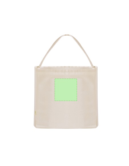 Bolsa personalizada de algodón reciclado en color crudo, otra posición con zona de impresión marcada