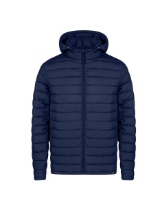 Chaqueta RPET ligera con capucha y funda de transporte personalizada en color azul marino, otra vista frontal