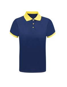 Polo técnico azul marino con detalles en contraste personalizado en blanco y azul marino, vista frontal