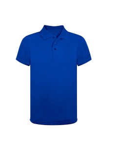 Polo técnico liso de poliéster con cierre de 3 botones personalizado en color azul, vista frontal principal