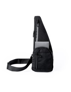 Bandolera de poliéster con banda reflectante personalizada en color negro, otra vista frontal con bolsillos