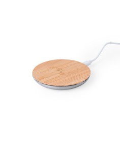 Cargador inalámbrico circular de aluminio reciclado y bambú personalizado, otra vista con cable