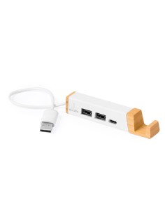 Puerto USB con soporte para móvil en bambú y cartón de leche reciclado personalizado, otra vista con cable