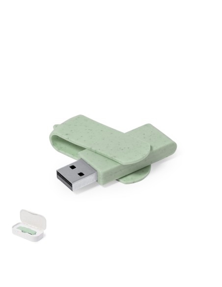 Memoria USB de caña de trigo de 16GB personalizada en color coral, con zona de impresión marcada