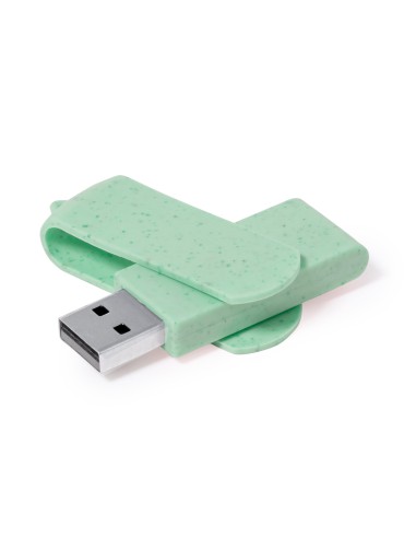 Memoria USB de caña de trigo de 16GB personalizada en color coral, otra vista con zona de impresión marcada
