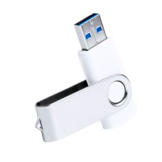 Memoria USB 3.0 blanca con clip metálico personalizada, vista con el conector extendido