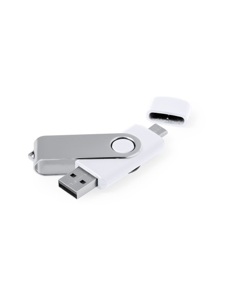 Memoria USB 3.0 blanca con doble conexión tipo C personalizada, vista con ambos conectores extendidos