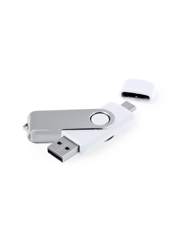 Memoria USB 3.0 blanca con doble conexión tipo C personalizada, vista de ambos conectores girados