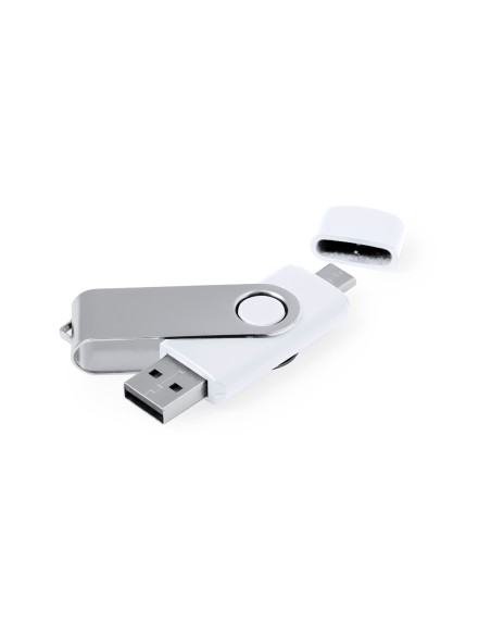 Memoria USB 3.0 blanca con doble conexión tipo C personalizada, vista de ambos conectores girados
