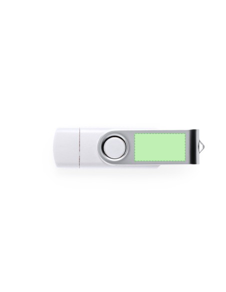 Memoria USB 3.0 blanca con doble conexión tipo C personalizada, otra vista con zona de impresión marcada