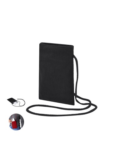 Portatodo de pana negro con función portamóvil y cordón bandolera