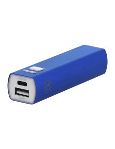 Power bank compacto de aluminio reciclado de 2600mAh personalizado en color azul, vista en ángulo