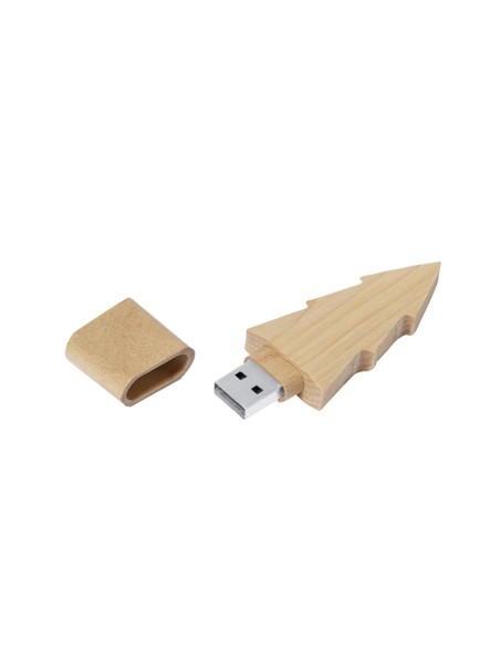 Memoria USB personalizada de madera con diseño de pino, vista frontal