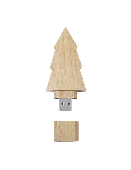 Memoria USB personalizada de madera con diseño de pino, con el conector visible