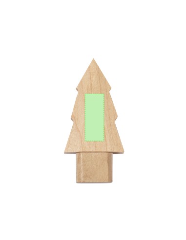 Memoria USB personalizada de madera con diseño de pino, otra vista con zona de impresión marcada