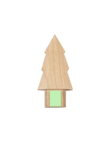 Memoria USB personalizada de madera con diseño de pino, otro ángulo con zona de impresión marcada
