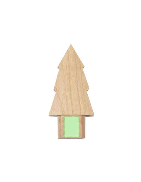 Memoria USB personalizada de madera con diseño de pino, otro ángulo con zona de impresión marcada