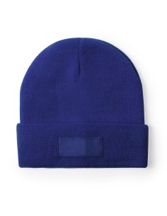 Gorro infantil elástico de acrílico personalizado en color azul, con zona de impresión marcada
