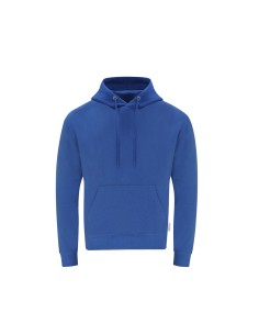 Sudadera con capucha de algodón orgánico y poliéster reciclado personalizada en color azul, vista frontal completa