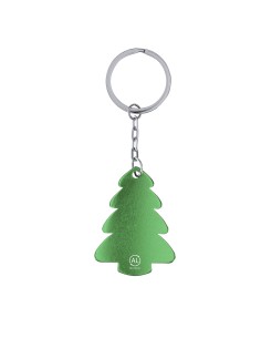 Llavero de aluminio reciclado con diseño de árbol de Navidad personalizado en color verde, otra vista completa