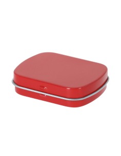 Dispensador de caramelos de menta en caja de metal personalizado en color rojo, otra vista completa