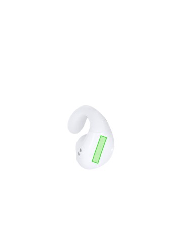 Auriculares open ear con power bank integrado personalizado en blanco, el otro auricular con zona marcada