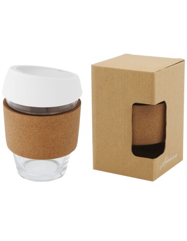 Vaso de vidrio borosilicato de 360 ml con agarre de corcho y tapa de silicona Personalizada 66100665