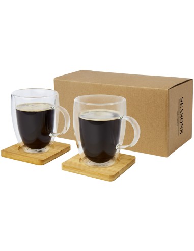 Dos tazas de vidrio de doble pared de 350 ml con posavasos de bambú Personalizado 66113316