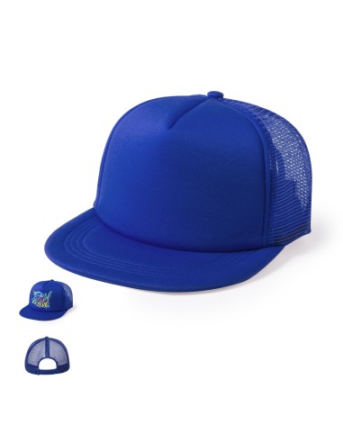 Gorra plana trucker azul con panel frontal liso y malla trasera