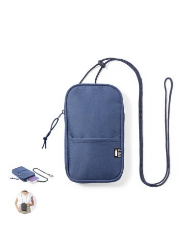 Portamóvil azul de poliéster reciclado con bandolera ajustable